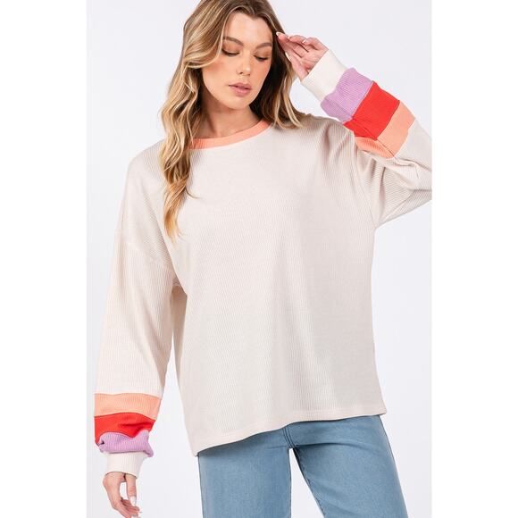 SAGE + FIG Color Block Raglan Sleeves Crew Neckline Waffle Knit T-Shirt | Sand - Picture 5 of 6